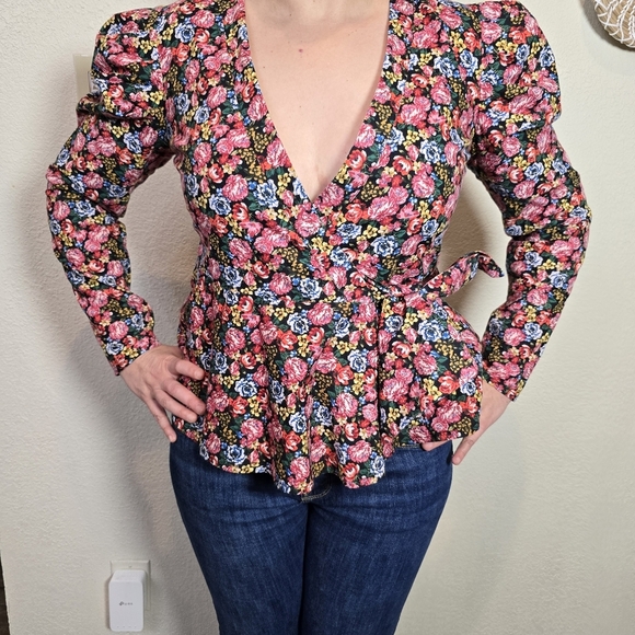 Asos Blouse Size 4 pink  Floral Long Balloon Sleeve V-neck - Picture 5 of 10